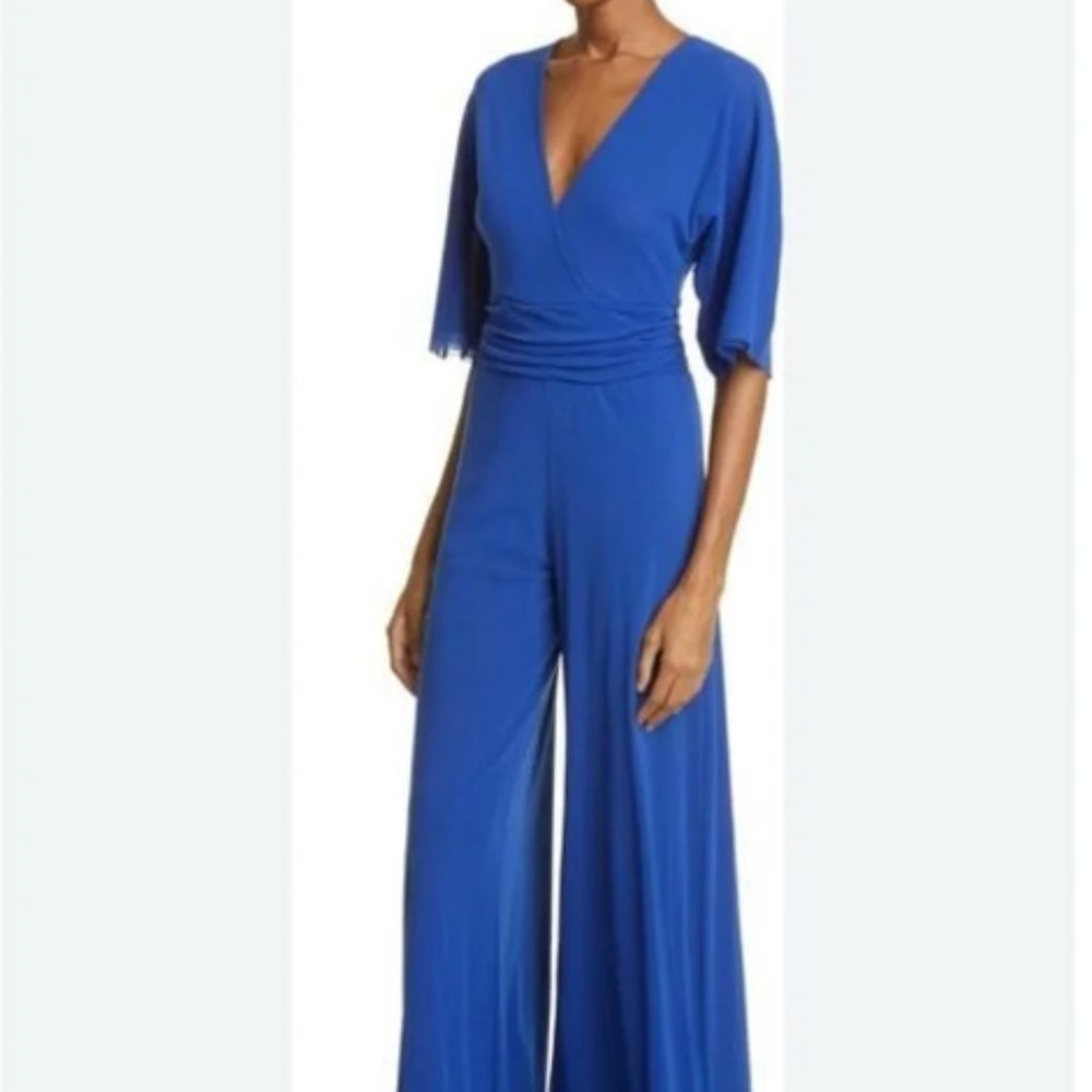 FUZZI SURPLICE WIDE LEG MESH CANARIE BLUE JUMPSUIT sz S